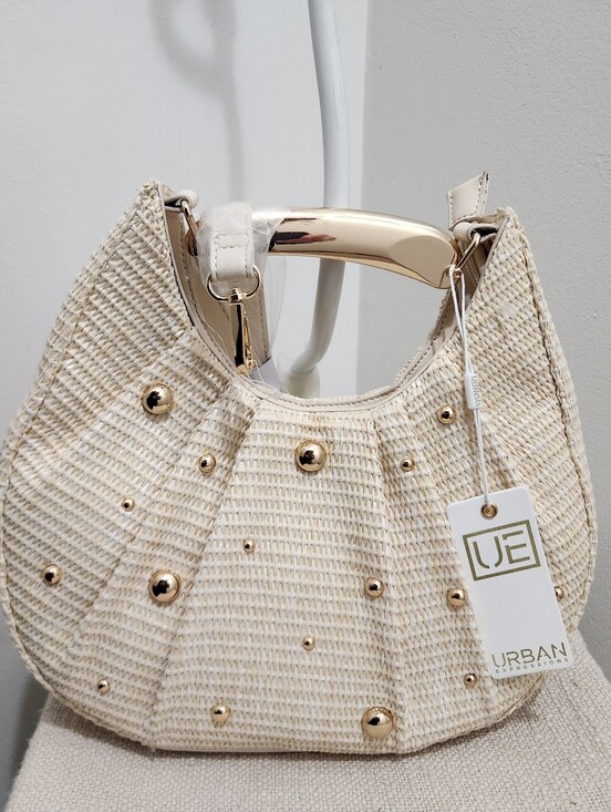 Urban Expressions Handbags - Urban Expressions Cream Woven Hobo Bag with Gold Studs!